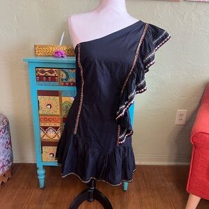 LoveShackFancy Veronica Black One-Shoulder Ruffle Dress
